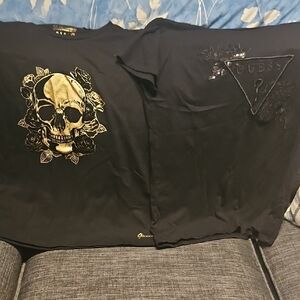 Guess Black Tees with Gold Skull and Logo